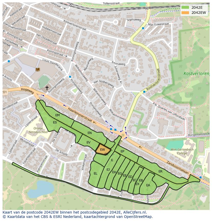 Afbeelding van het postcodegebied 2042 EW op de kaart.