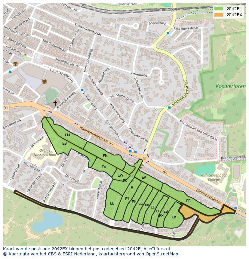 Afbeelding van het postcodegebied 2042 EX op de kaart.