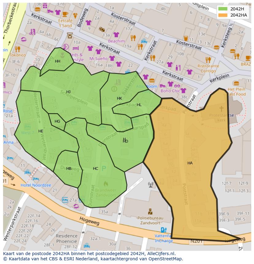 Afbeelding van het postcodegebied 2042 HA op de kaart.