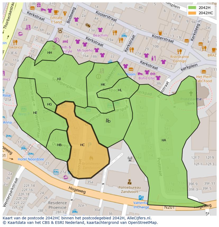 Afbeelding van het postcodegebied 2042 HC op de kaart.