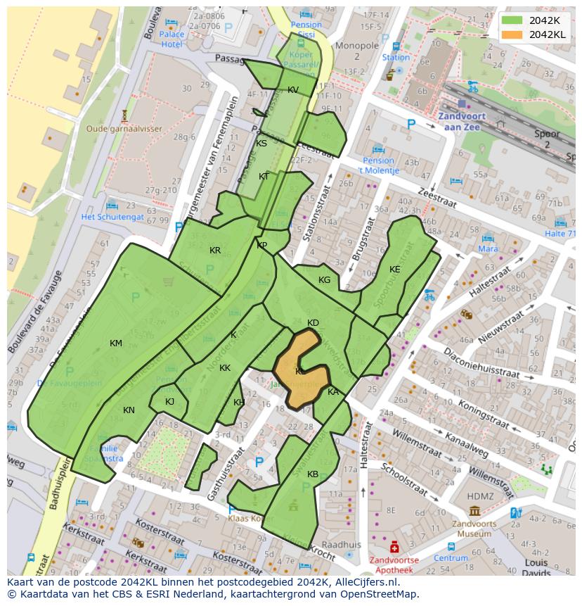 Afbeelding van het postcodegebied 2042 KL op de kaart.