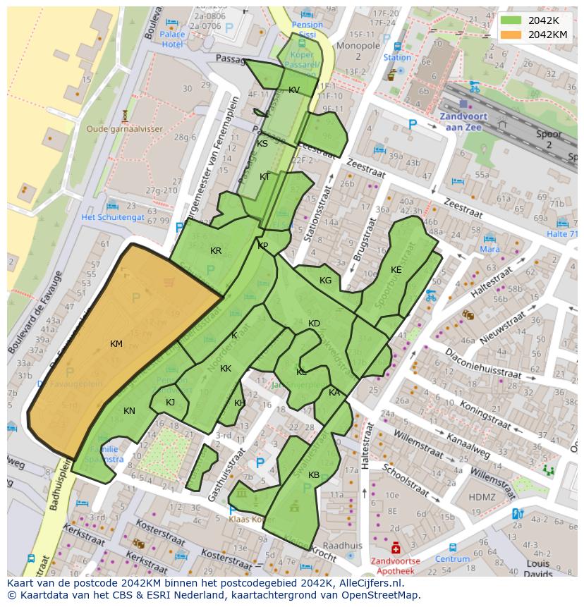 Afbeelding van het postcodegebied 2042 KM op de kaart.