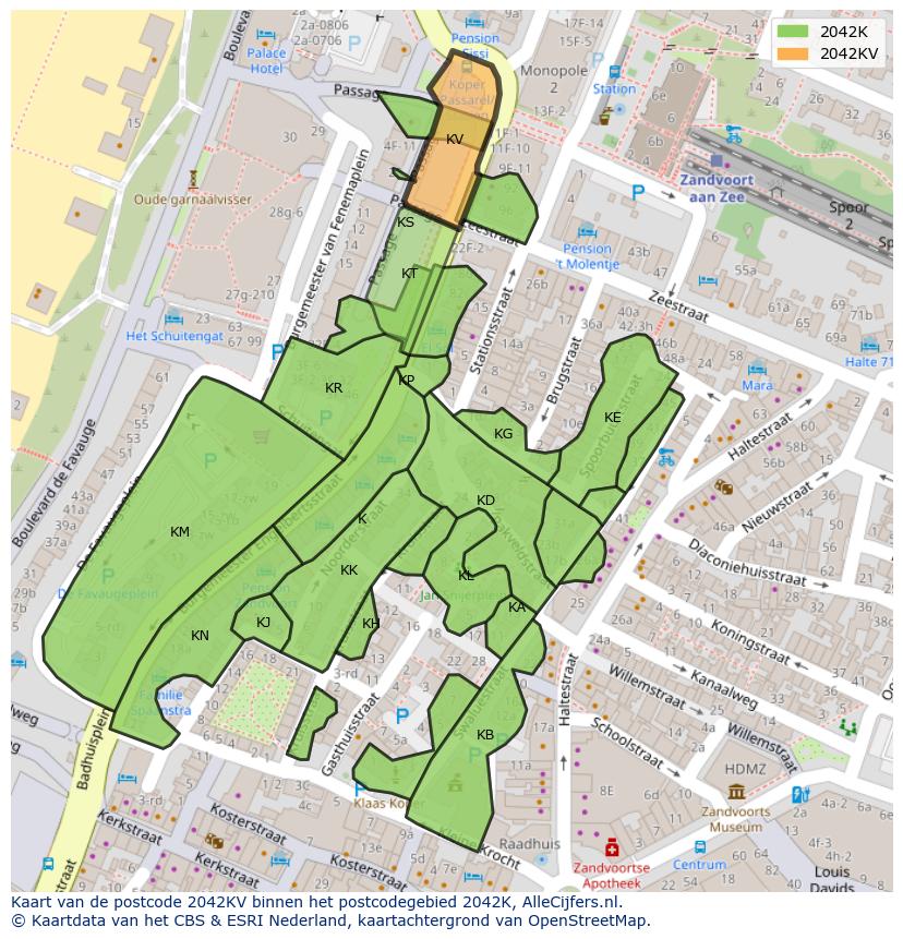 Afbeelding van het postcodegebied 2042 KV op de kaart.