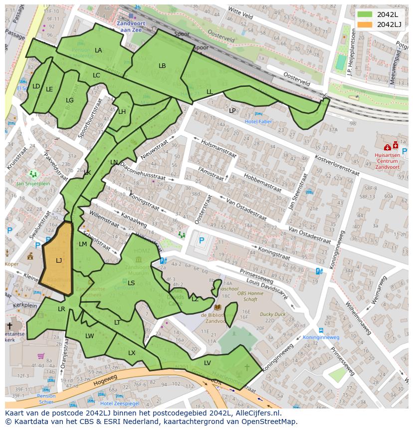 Afbeelding van het postcodegebied 2042 LJ op de kaart.