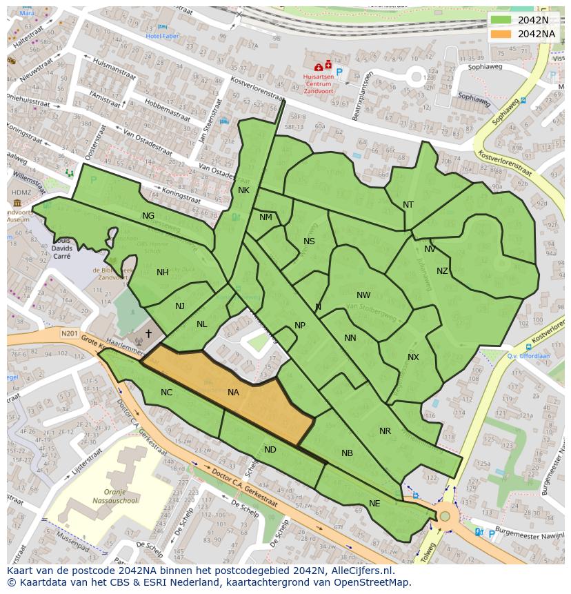 Afbeelding van het postcodegebied 2042 NA op de kaart.