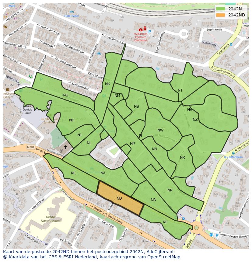 Afbeelding van het postcodegebied 2042 ND op de kaart.