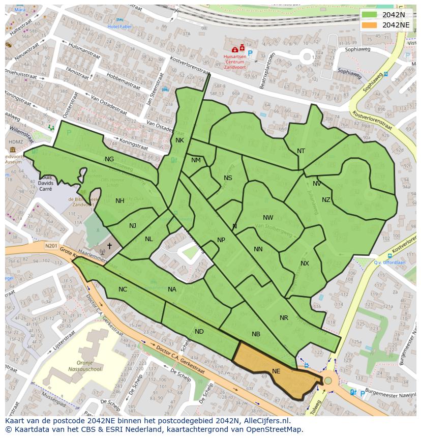 Afbeelding van het postcodegebied 2042 NE op de kaart.