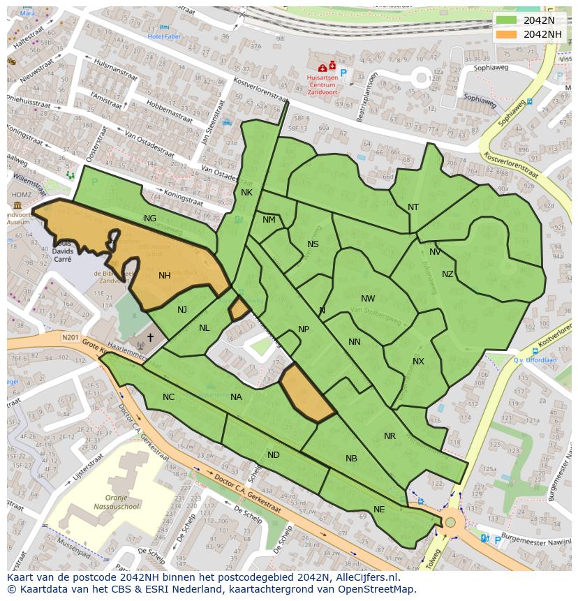 Afbeelding van het postcodegebied 2042 NH op de kaart.