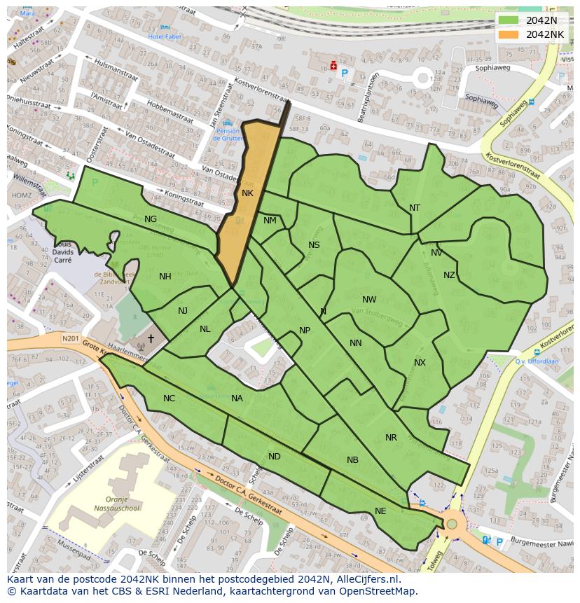 Afbeelding van het postcodegebied 2042 NK op de kaart.