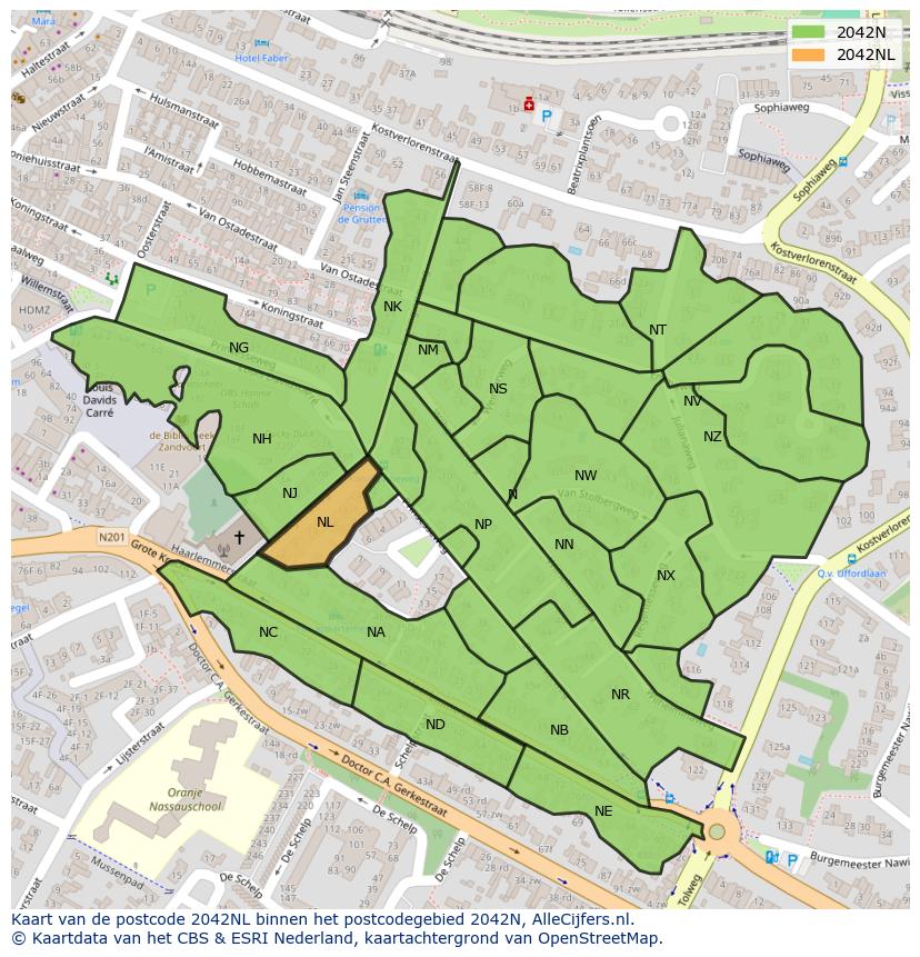 Afbeelding van het postcodegebied 2042 NL op de kaart.