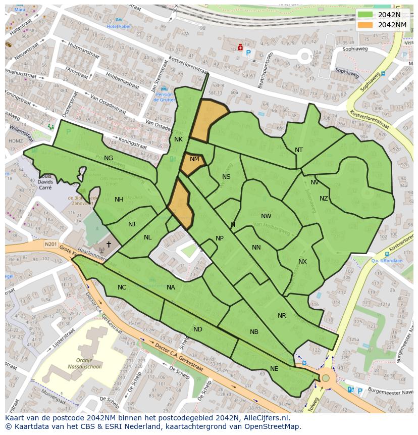 Afbeelding van het postcodegebied 2042 NM op de kaart.