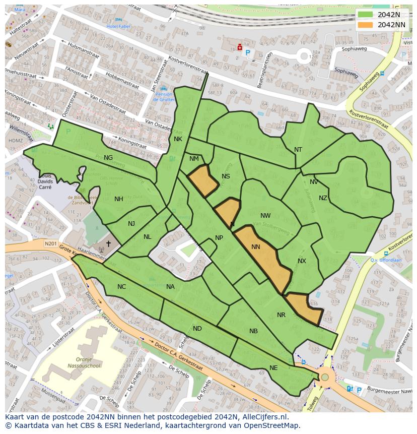 Afbeelding van het postcodegebied 2042 NN op de kaart.