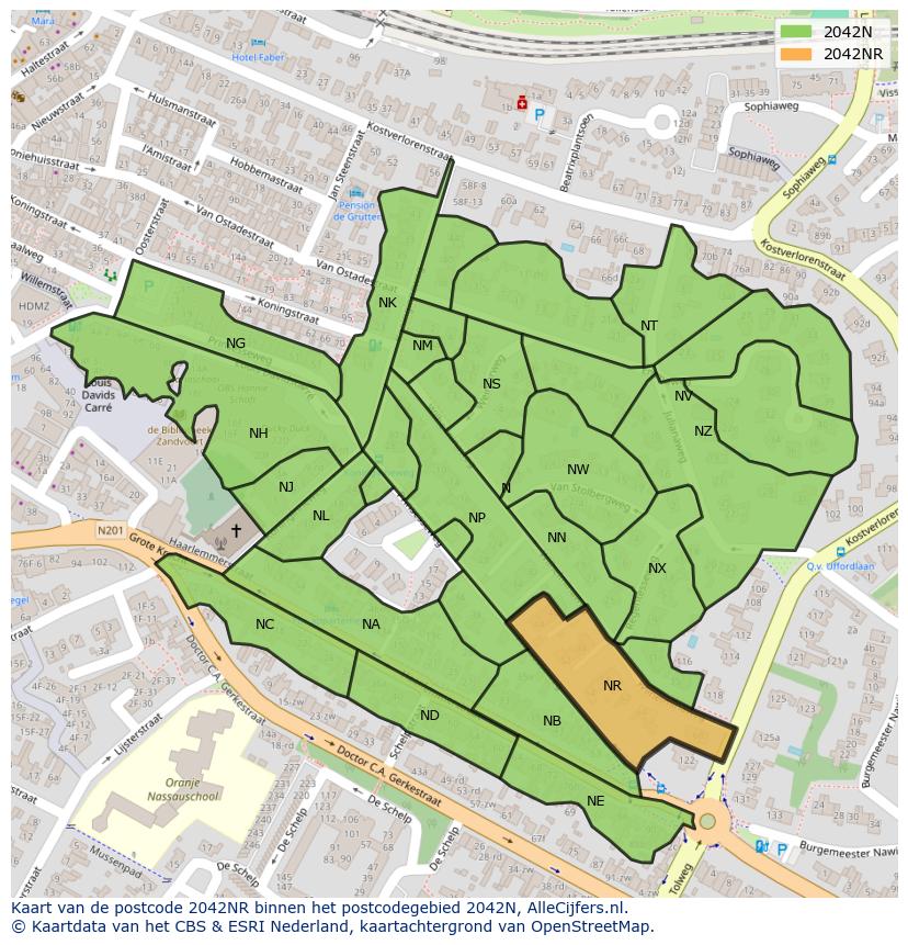 Afbeelding van het postcodegebied 2042 NR op de kaart.