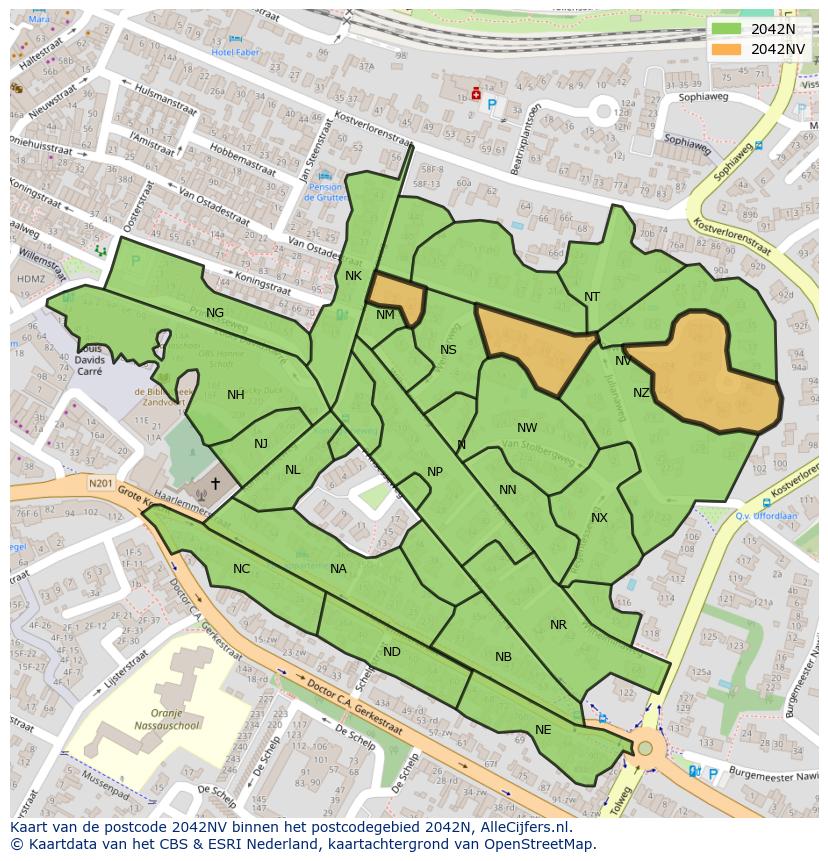 Afbeelding van het postcodegebied 2042 NV op de kaart.