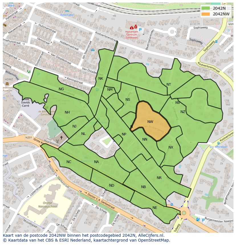 Afbeelding van het postcodegebied 2042 NW op de kaart.