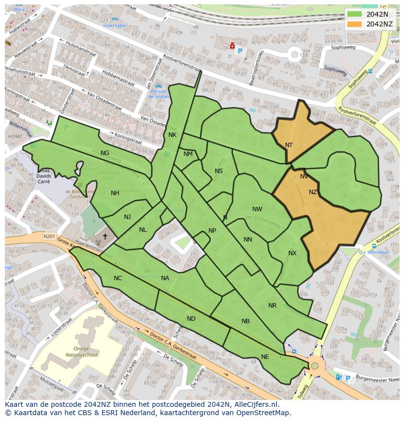 Afbeelding van het postcodegebied 2042 NZ op de kaart.