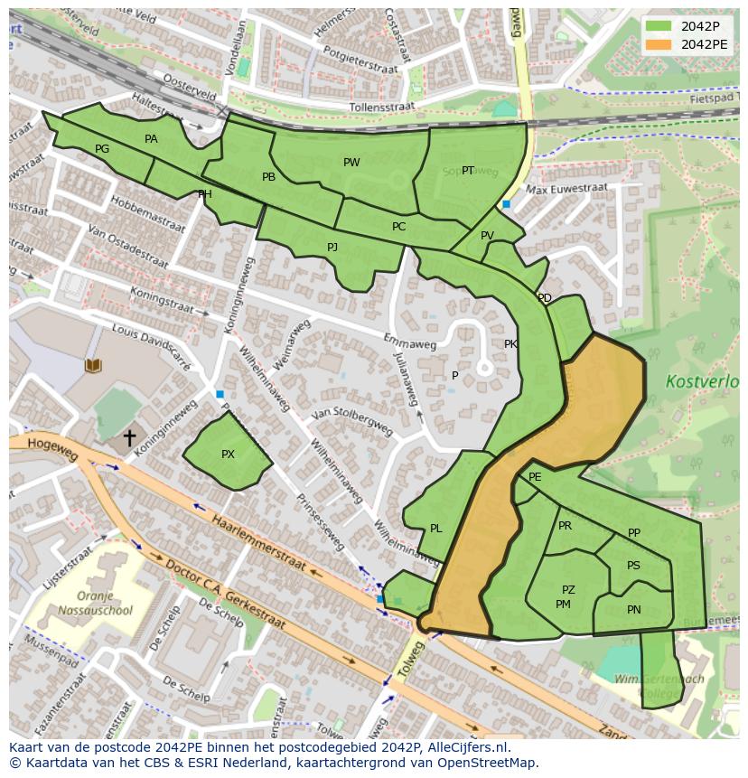 Afbeelding van het postcodegebied 2042 PE op de kaart.