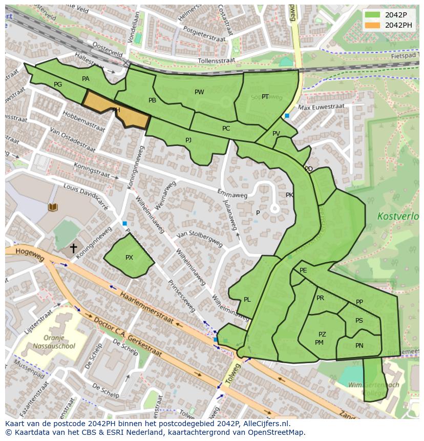 Afbeelding van het postcodegebied 2042 PH op de kaart.