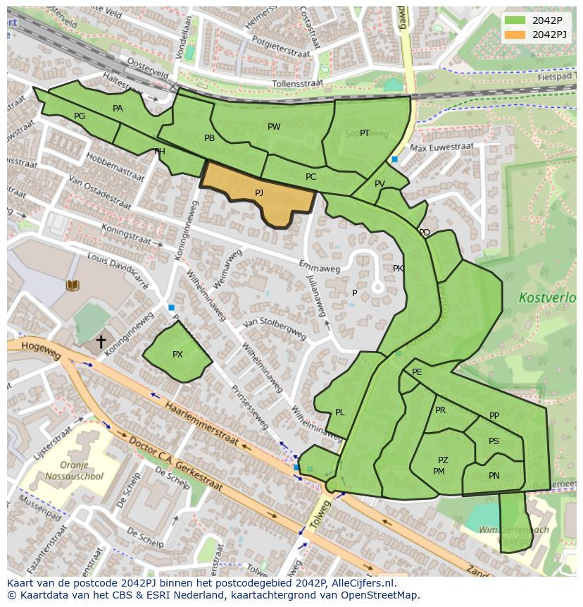 Afbeelding van het postcodegebied 2042 PJ op de kaart.