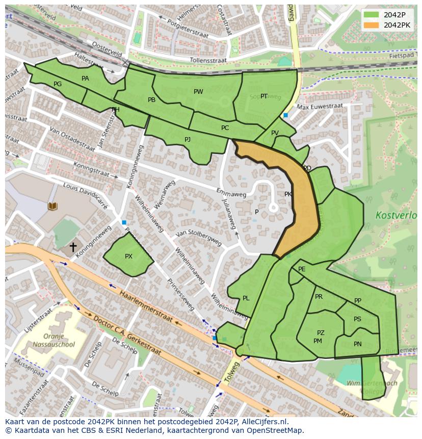 Afbeelding van het postcodegebied 2042 PK op de kaart.