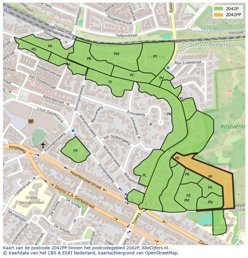 Afbeelding van het postcodegebied 2042 PP op de kaart.