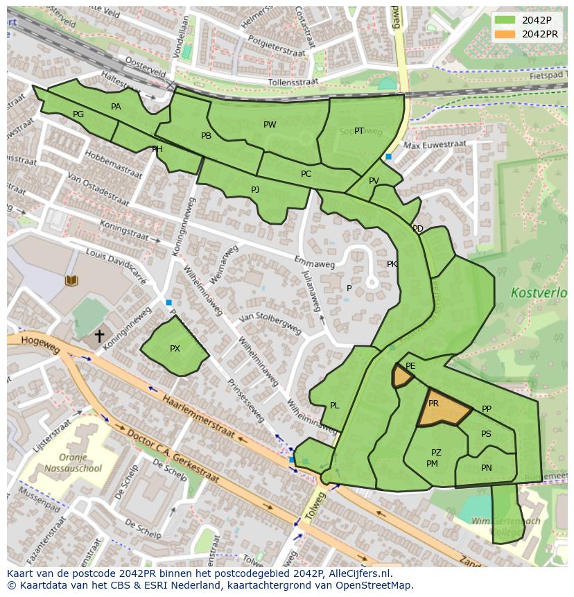 Afbeelding van het postcodegebied 2042 PR op de kaart.
