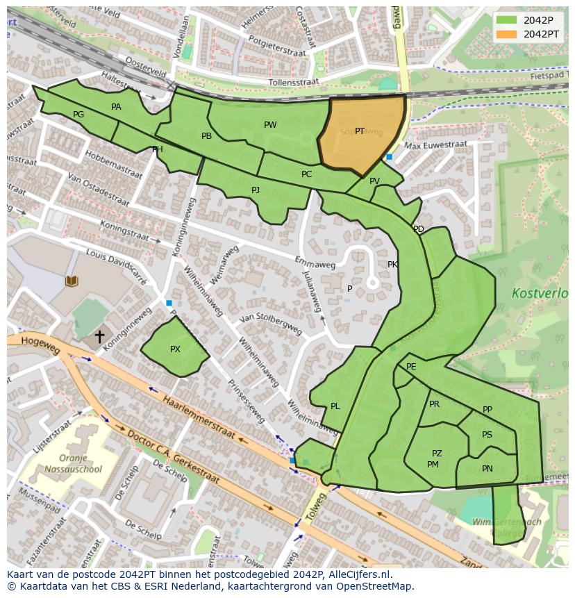 Afbeelding van het postcodegebied 2042 PT op de kaart.