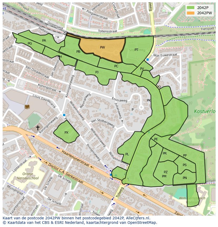 Afbeelding van het postcodegebied 2042 PW op de kaart.