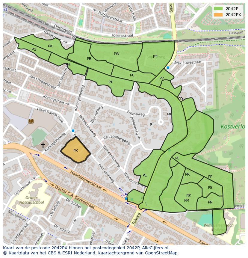 Afbeelding van het postcodegebied 2042 PX op de kaart.