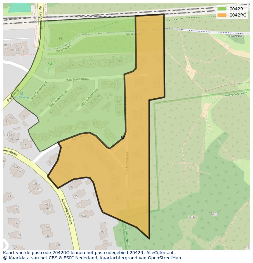 Afbeelding van het postcodegebied 2042 RC op de kaart.
