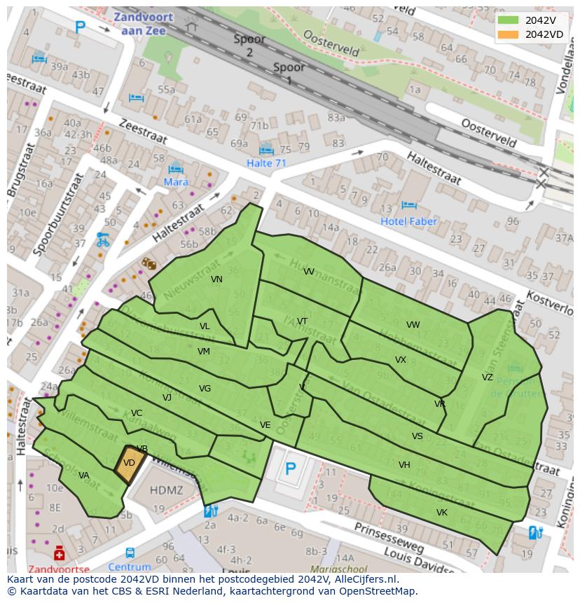 Afbeelding van het postcodegebied 2042 VD op de kaart.