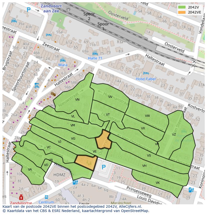 Afbeelding van het postcodegebied 2042 VE op de kaart.