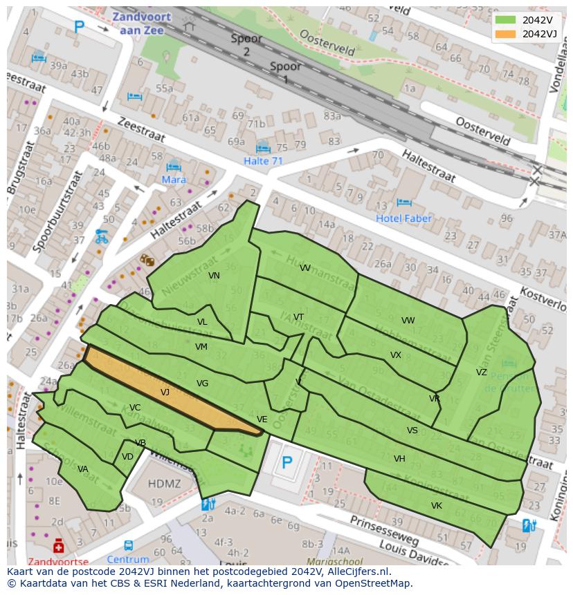 Afbeelding van het postcodegebied 2042 VJ op de kaart.