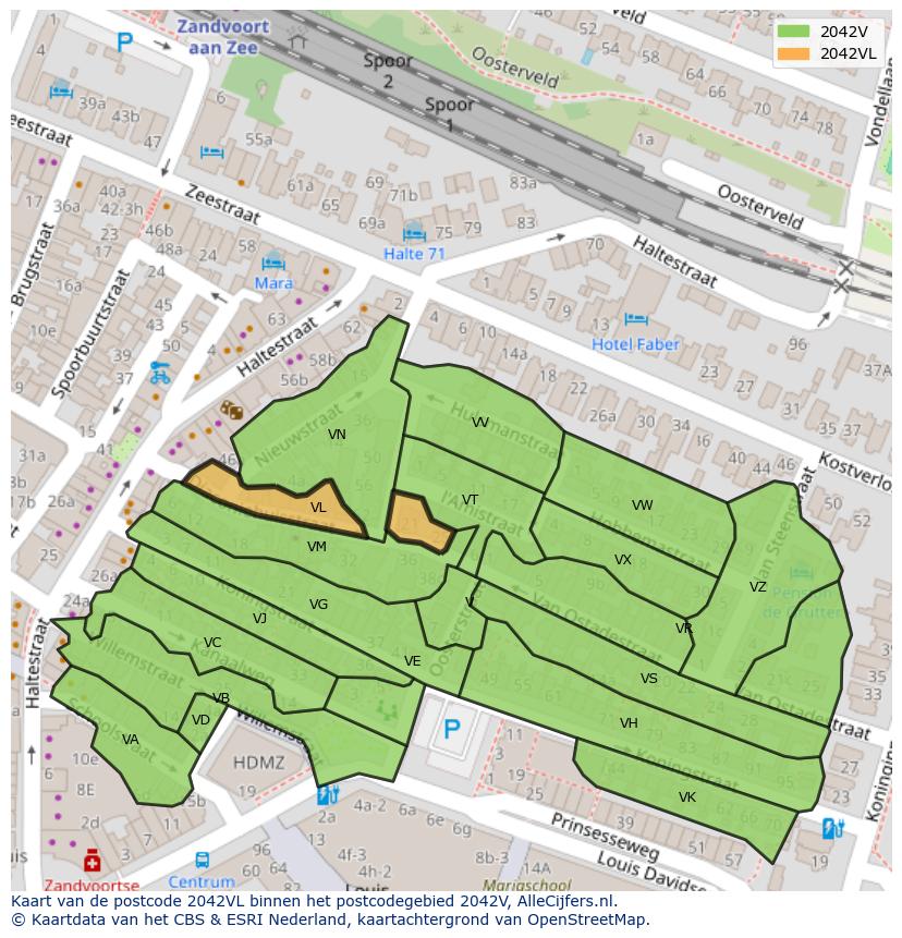 Afbeelding van het postcodegebied 2042 VL op de kaart.