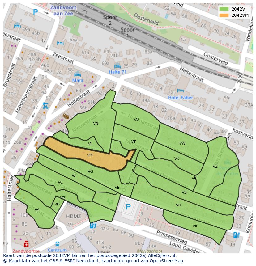 Afbeelding van het postcodegebied 2042 VM op de kaart.