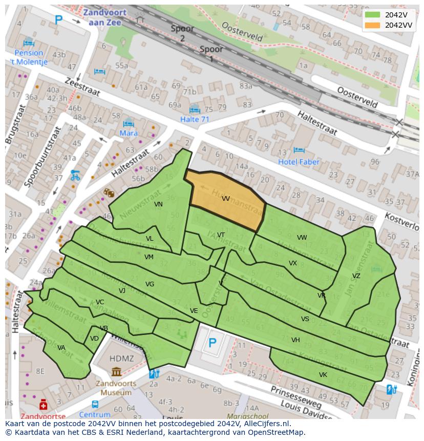 Afbeelding van het postcodegebied 2042 VV op de kaart.