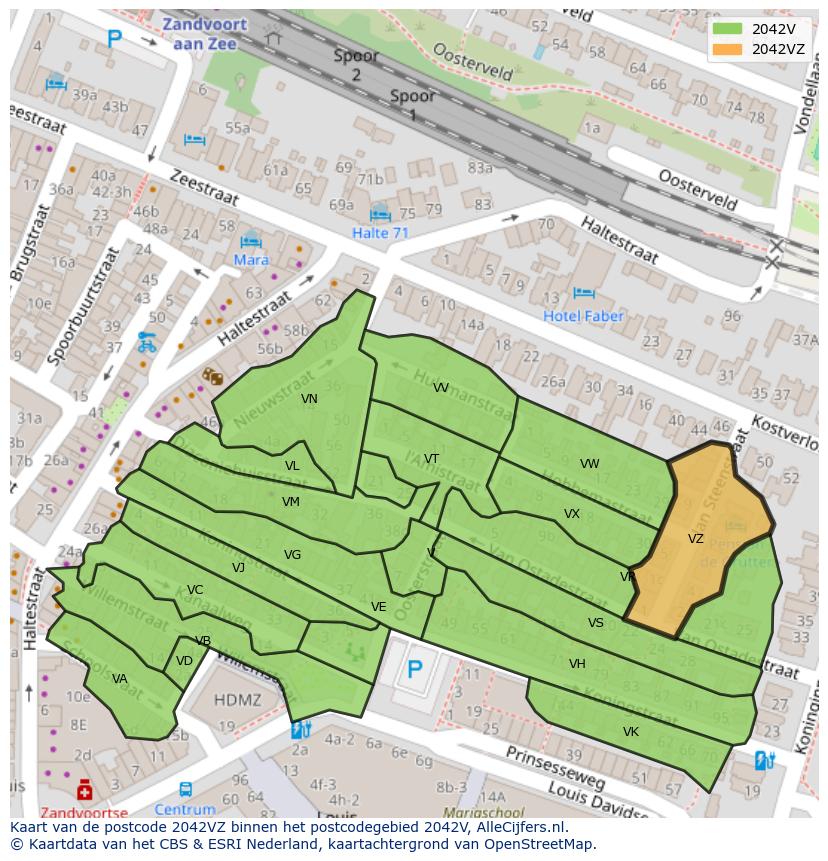 Afbeelding van het postcodegebied 2042 VZ op de kaart.