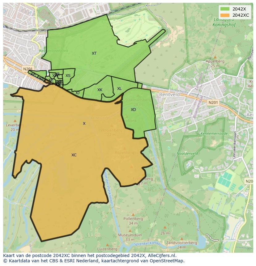 Afbeelding van het postcodegebied 2042 XC op de kaart.