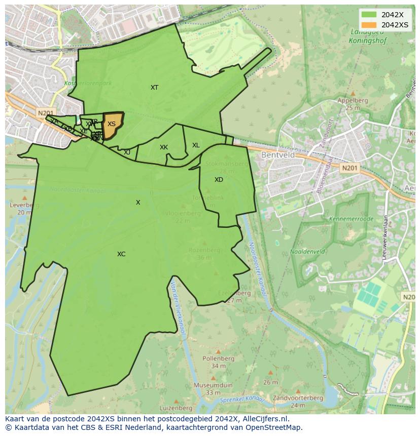 Afbeelding van het postcodegebied 2042 XS op de kaart.