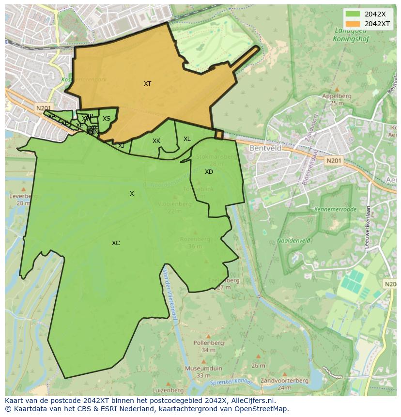 Afbeelding van het postcodegebied 2042 XT op de kaart.