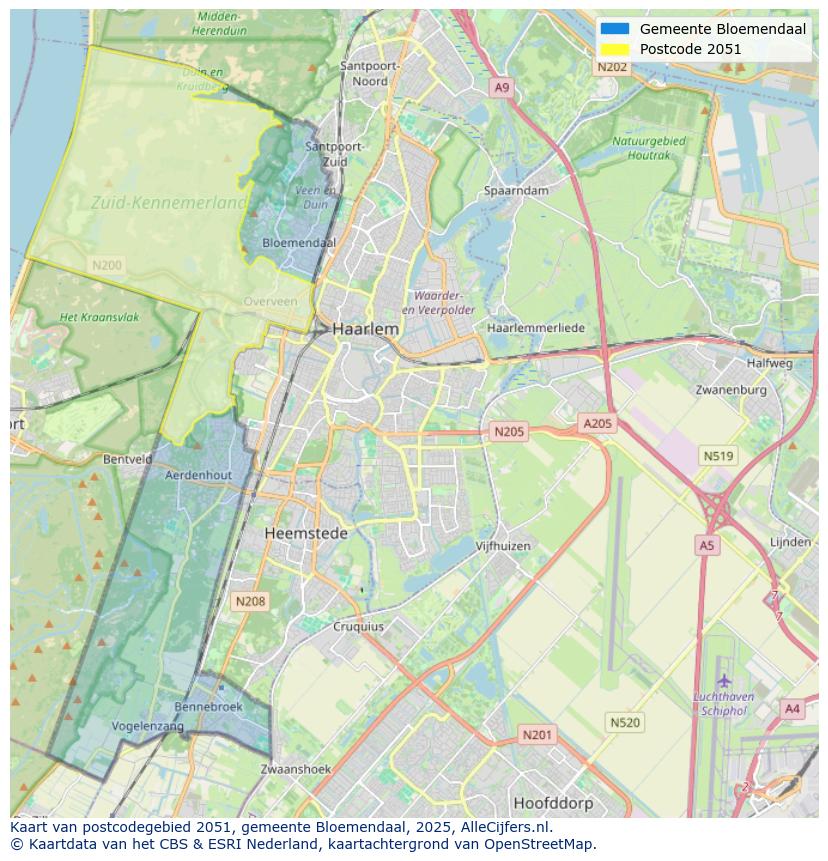 Afbeelding van het postcodegebied 2051 op de kaart.