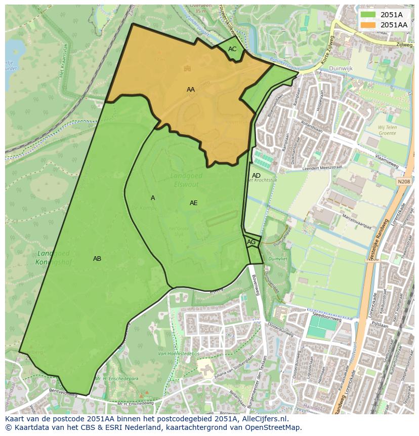 Afbeelding van het postcodegebied 2051 AA op de kaart.
