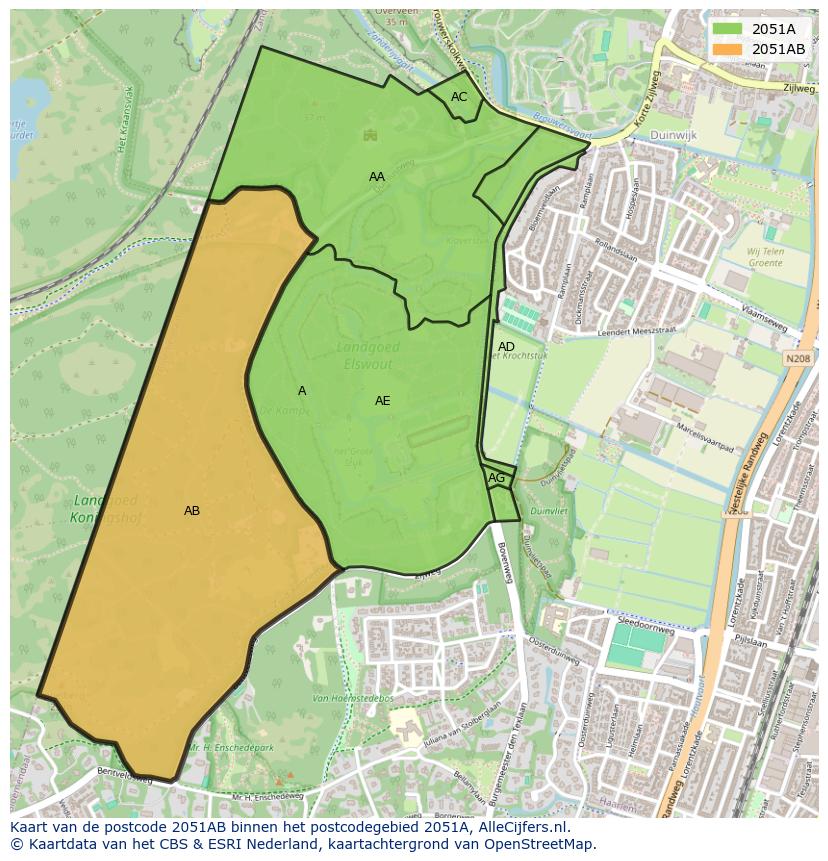 Afbeelding van het postcodegebied 2051 AB op de kaart.