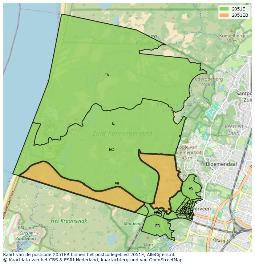 Afbeelding van het postcodegebied 2051 EB op de kaart.
