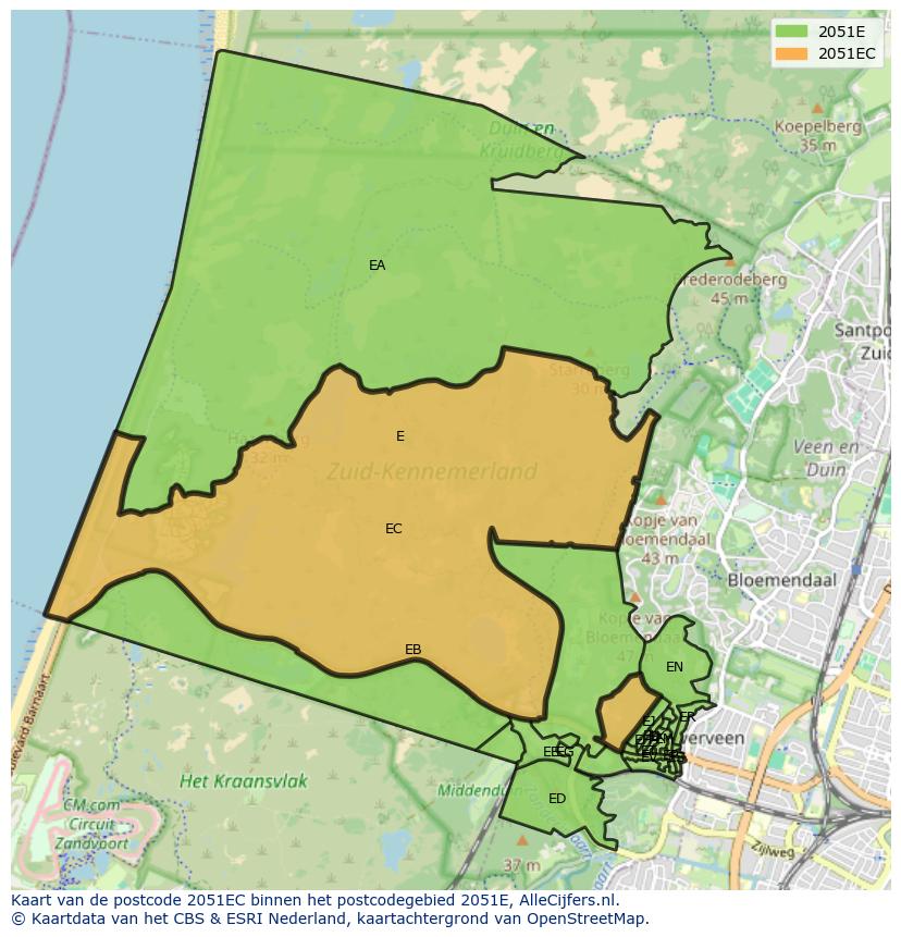 Afbeelding van het postcodegebied 2051 EC op de kaart.