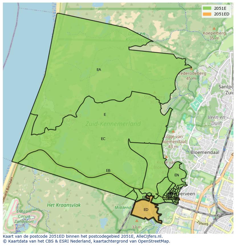 Afbeelding van het postcodegebied 2051 ED op de kaart.