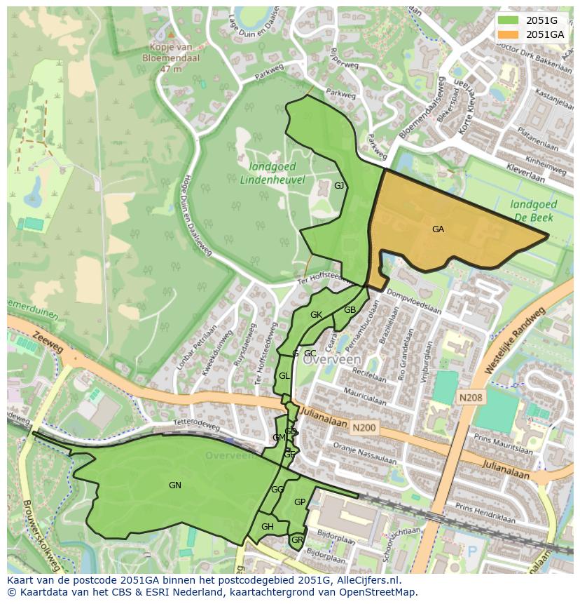 Afbeelding van het postcodegebied 2051 GA op de kaart.