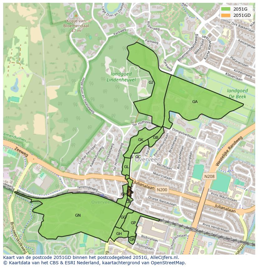 Afbeelding van het postcodegebied 2051 GD op de kaart.