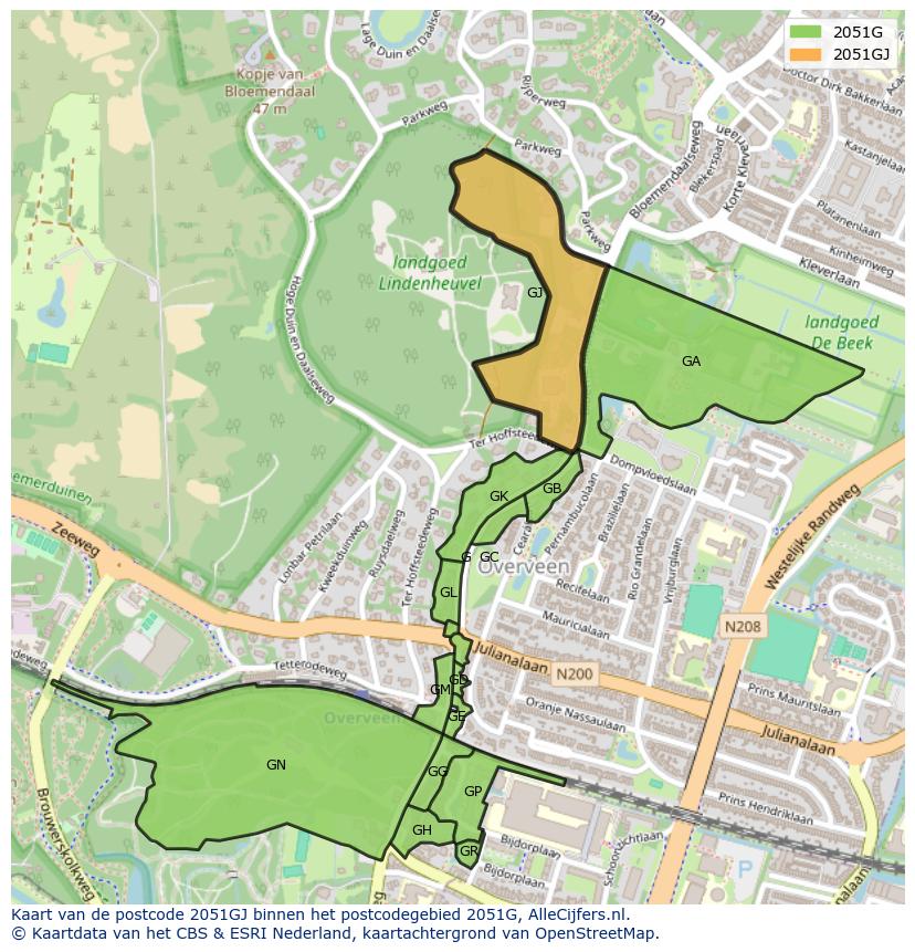 Afbeelding van het postcodegebied 2051 GJ op de kaart.