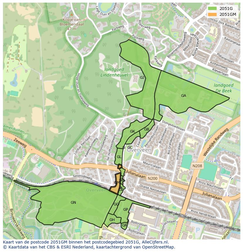 Afbeelding van het postcodegebied 2051 GM op de kaart.